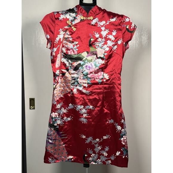 Red Cheongsam Dress - Floral Peacock Qipao - Mini - Size M (US Small) - Picture 1 of 8